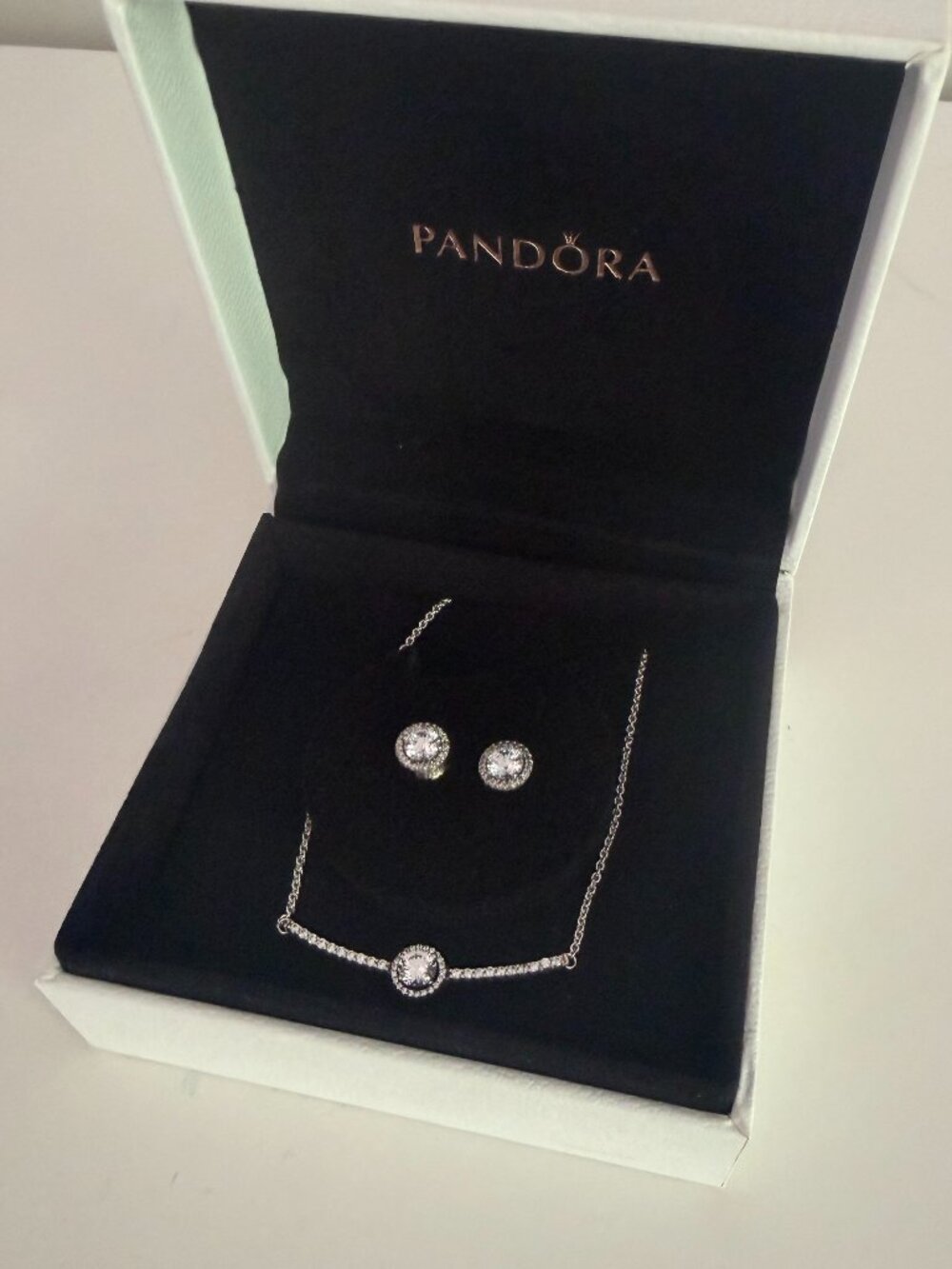 Pandora Round Sparkle Halo Necklace + Stud Earrings Set Sterling Silver + Box